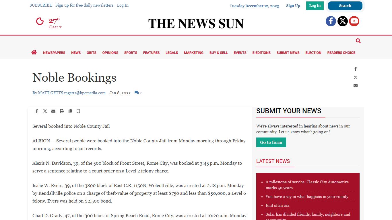 Noble Bookings | News Sun | kpcnews.com